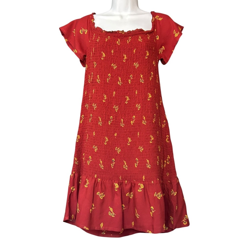 Sky & Sparrow Pullover Cap Sleeve Stretch Dress Womens Sz XL Rust Floral Ruffle
